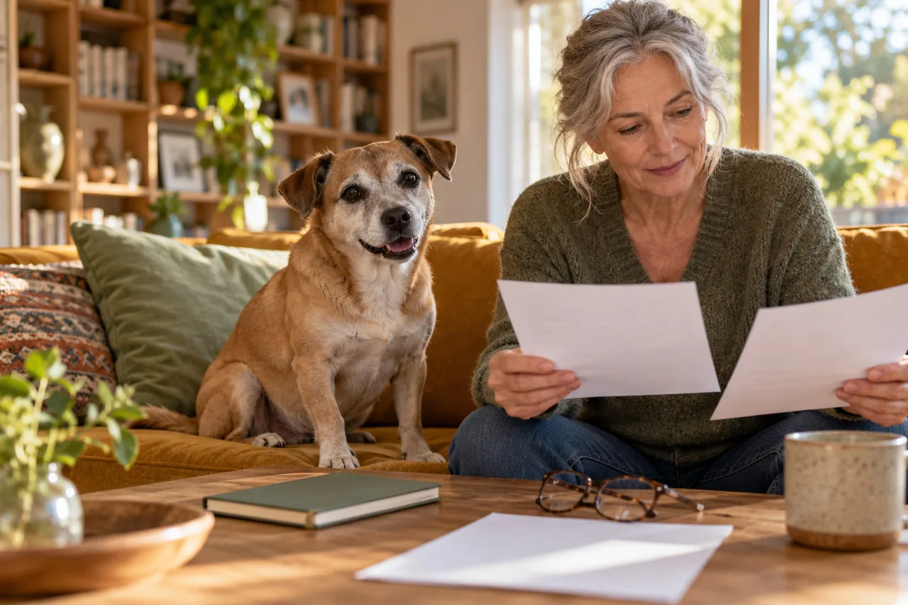 Gray-haired owner comparing two papers beside a tan dog at home